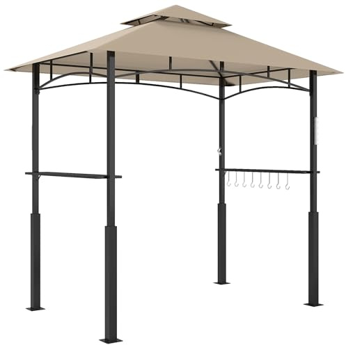 Outsunny Tonnelle de Barbecue à Deux Niveaux, auvent de réception pour Jardin, avec lumière LED, Crochet au Plafond 2 étagères latérales 240 x 150 x 250 cm Kaki