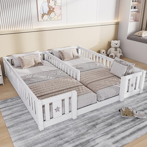 Kinder-Einzelbett 90x200 cm, Doppelbett für Babys mit Sicherheitsbarriere und Lattenrost, Kinderbett aus massivem Kiefernholz für Kinder und Babys, Montessori-Bett für 2 Personen (Weiß-H, ohne