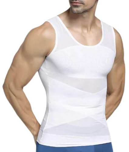 PHCOMRICH Gilet modellante da uomo, forte compressione, canottiera snellente ad alta elasticità e traspirante, gilet compressivo per uomo, bianco, L