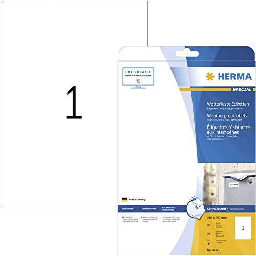 HERMA 4866 Wetterfeste Folienetiketten für Inkjet Drucker, 10 Blatt, 210 x 297 mm, 1 pro A4 Bogen, 10 Stück, selbstklebend, bedruckbar, matt, Klebeetiketten Aufkleber für Tintenstrahldrucker, weiß