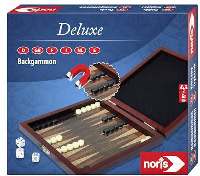 Noris Deluxe Reisespiel Backgammon – Magnetisches Brettspiel mit Spielsteinen in Holz‑Box, Reise‑Format für 2 Spieler, Strategiespiel ab 8 Jahren, Merhfarbig