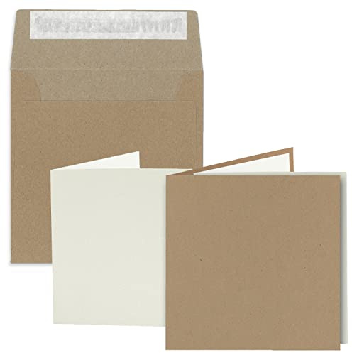75x Quadratisches Faltkarten Set aus Kraftpapier - 150 x 150 mm - Doppel-Karten & Briefumschläge & Einlegeblätter - braun öko - Recycling-Naturpapier nachhaltig
