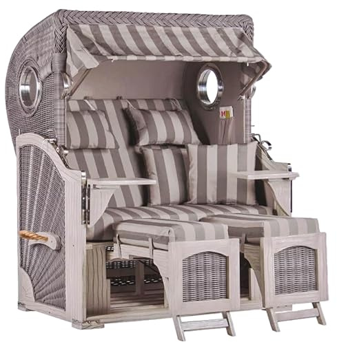 MR. DEKO® Strandkorb Düne Mahagoni Washed Grey 2-Sitzer Bullauge | PE Geflecht Koboo Grey | Volllieger verstellbar | Strandkörbe fertig montiert | mit Fußablage & 4 Kissen Wechselpolster | Dessin 537