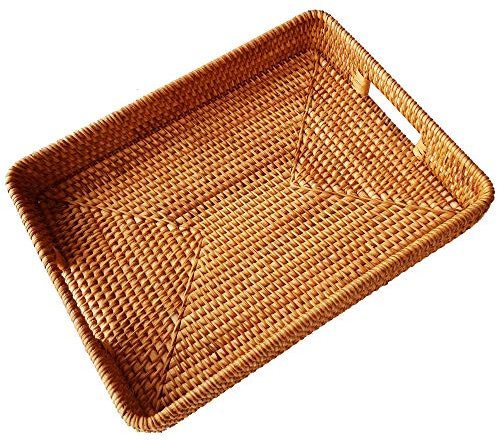 i-lan 17 Inch Oversize Handmade Rectangular Serving Trays with Cutout Handles and 2.3” Wall,Decorative Rattan Woven Storage Baskets Organizer Plate Tray for Bread,Fruits,Catch All Dish,XL,Brown