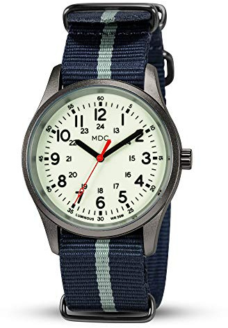 Infantry MDC – Montre phosphorescente pour homme 12/24 heures, style militaire, sport de plein air, étanche, avec bracelet OTAN, Bleu, Militaire