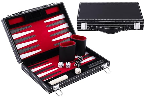 Engelhart - 250513 - Backgammon de Voyage - 11 Pouces - 28 cm - Jeu de Voyage - Simili Cuir & Feutre Surpiqués - Rouge - Jeux de Stratégie de Poche - 2 Joueurs - A Partir de 6 Ans