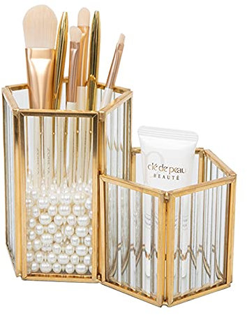 SLHEQING Organizer Trucchi, Porta Pennelli da Trucco in Vetro, 2 Fessure Portapennelli da Trucco, Portatrucchi Organizzatore per pennelli, eyeliner, rossetti