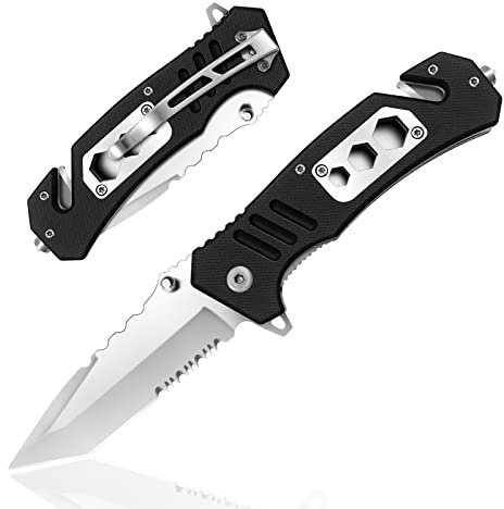 HONZIN 6 en 1 Navaja de Bolsillo 3Cr13 Multiherramienta de Acero Inoxidable, Mango G10, Cuchillo Plegable Portátil de Rescate de Supervivencia para Senderismo, Acampar al Aire Libre, Negro