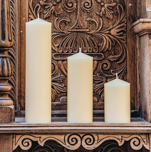 Marco Paul Set of 3 Church Pillar Candles Long Burn Time Ivory Candles Long Burning Candle Warm Lighting Lantern Light Long Lasting Centrepiece Wedding Party Gift Set 3pc Candle Varying Sizes