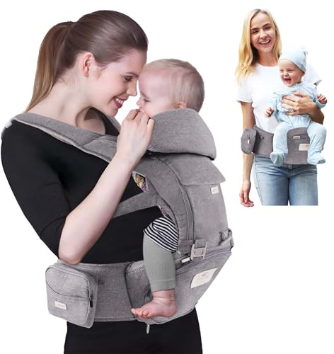 FRUITEAM Babytrage für Neugeborene bis Kleinkinder, sicherheitszertifizierter Baby-Hüfthocker, ergonomische 6-in-1-Kleinkindtrage mit Kopfstütze, verstellbarer und abnehmbarer Babyhalter, Dunkelgrau