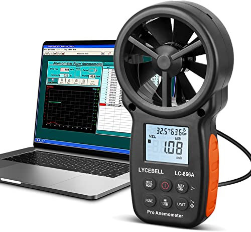 LYCEBELL Handheld HVAC Anemometer LC-866A, Pro Digital Wind Speed Meter for Wind Velocity CFM Measuring, Air Flow Meter with USB Connection to PC, Data Hold & Backlit LCD for Balancing HVAC System