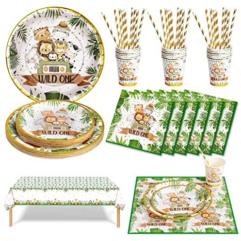 Nkaiso 126 Pezzi Animali della Giungla Stoviglie per Feste Festa Decorazioni Set Include Piatti di Carta Tovaglioli Tazze di Carta Cannucce Tovaglia per Compleanno Bambini Matrimonio -25 Ospiti