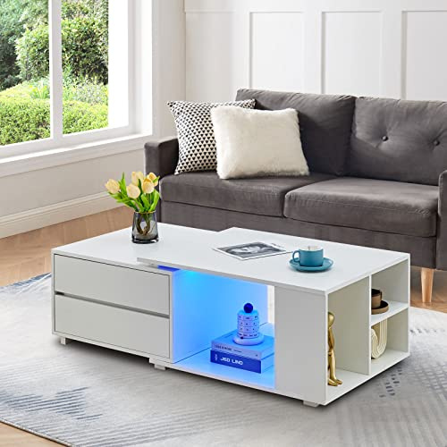 CLIPOP Couchtisch, LED, 4 Schubladen, offenes Regal, ausziehbar | Rechteckiges Design, Sofatisch, Teetisch, 110×60×45 cm, für Zuhause, Büro & Lounge, modern, viel Stauraum