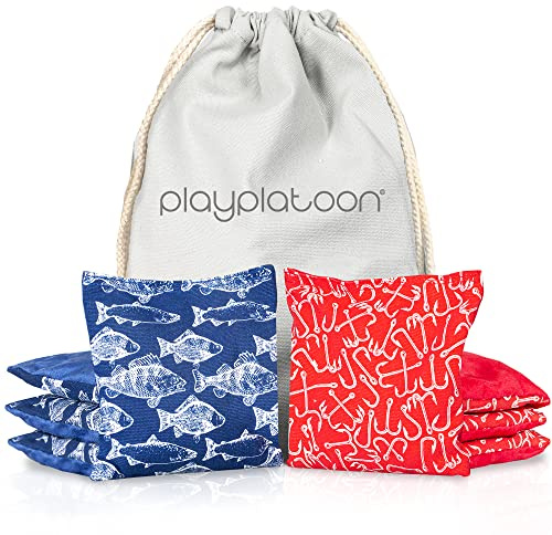 Play Platoon Professional Cornhole Bags - Set of 8 Regulation All Weather Double Sided - Sticky Side/Slick Bean Bags for Pro Corn Hole Game, Slick Duck Canvas & Sticky Suede - Fish & Hook