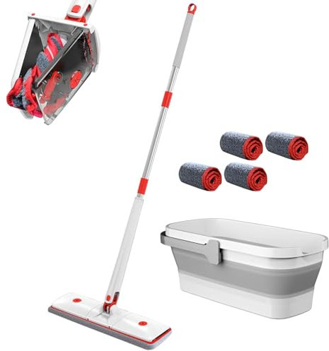 Shunfaji Kit Balai Serpillère et Seau - Vadrouille de Nettoyage 360° avec 4 Tampon en Microfibre-Kit balais Nettoyer Sol-Utilisation Humide et sèche - Compression Automatique de l'eau
