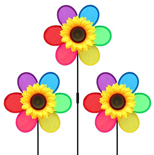 JMbeauuuty 3Pcs Colorful Sunflower Wind Spinners for Garden Rainbow Pinwheel Windmill for Lawn Pinwheels Party Decoration Windmills for Garden Balcony Patio Yard Outdoor Lawn Decor