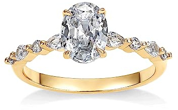 PAVOI 14K Yellow Gold Plated 1.25CT Oval Cubic Zirconia Promise Engagement Ring | Solitaire Wedding Bands | Halo Fake Engagement Ring for Women | Size 9