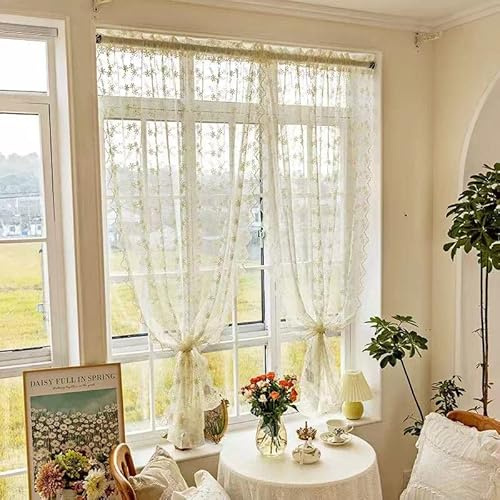 Devola Gardinen Spitze Vintage Transparent Gardinenschals Landhausgardinen Balkongardine Fertiggardine Fensterschal Beige Fenstergardinen Landhausstil Lang BxH 130x150cm 1 Stück