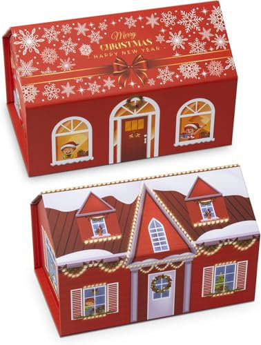 Weihnachts-Geschenkboxen, 20,1 x 19,6 x 13 cm, Hausform, Weihnachtsgeschenkbox mit Magnetverschluss, Deckel, leere Geschenkpapierboxen für Weihnachten, Silvester, Geschenkverpackung, Schneeflocke +