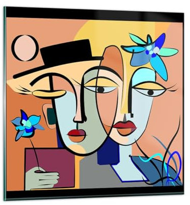 Moderne Impression sur Verre Visages Moderne Cubisme Image Tableau en Verre Decoration Murale 30x30cm Deco Cadre Salon Chambre Cuisine Carré Petit Tableaux Decoratifs Muraux Art Wall GAC30x30-5764