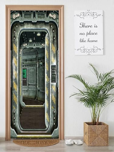 FLFK 3D Türtapete selbstklebend - Raumschiffluke und Korridor Türtapete Wandbilder- Mauer Aufkleber - Wasserdicht TürPoster für Zuhause Dekor 77x200cm