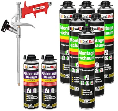 Isolbau Bauschaum-Set - Inkl. 6 x 1K Montageschaum B2 Pistolenschaum mit hervorragender Schall und Wärmedämmung (je 750 ml), 2 x PU-Schaum-Reiniger (500 ml) & 1 x Schaumpistole, Verfüllen