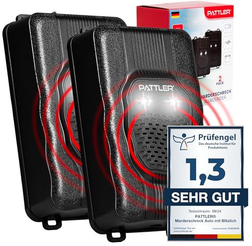PATTLER® Anti Rongeur avec lumière | Repulsif Ultrason Anti Loir et Anti Martre | Anti Martre Voiture avec Alimentation par Batterie de Voiture 12V, Piles AA ou USB | Anti Rongeur Voiture | 2 Unité