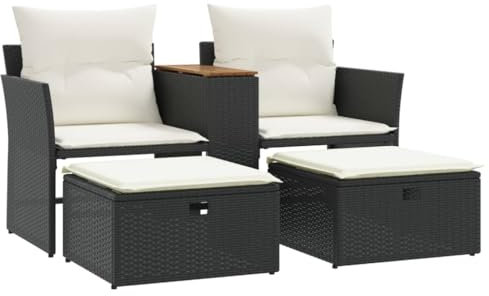 vidaXL Gartensofa 2-Sitzer, Outdoor Sofa mit eingebauter Ablage, Terrassensofa mit Hockern, Gartenmöbel Sofagarnitur Gartengarnitur, Schwarz Poly Rattan