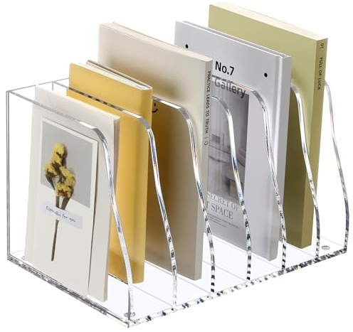 SANRUI Acryl Stehsammler, Transparenter Zeitschriftensammler, Schreibtisch Organizer mit 6 Fächern für Büro, Arbeitszimmer, Homeoffice | 6 vertikale Fächer, Arbeitsbereichsortierer, Ordnerregal für Bürozubehör, Organisationsaufbewahrung