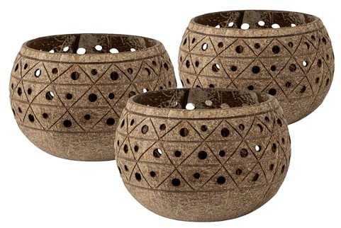 Restaurantware - Coco Casa - Portavelas de concha de coco de 4 x 3.3 pulgadas, 10 portavelas reutilizables – Vela no incluida, patrón geométrico, cuencos de coco marrón para velas, hechos a mano