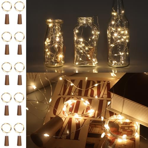 Confezione da 10 Pezzi Per Bottiglie Con Tappo in Sughero Bianco Caldo, Lampada da Bottiglia di Vino Impermeabile Fata in Filo di Rame Mini 2M 20LED, Fai da te, Feste, Prati, Festival (Bianco Caldo)