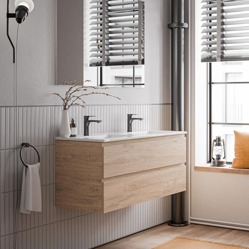 Bernstein Badmöbel-Set AVA 120cm, Waschbecken mit Unterschrank in Eiche honiggelb, Keramik-Waschbecken in Weiß glänzend mit Hahnlöcher, Ideal für große Bäder