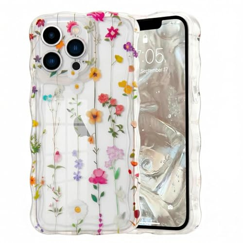 Micoden Cute Curly Wave Case for iPhone 13 Pro Max,Clear with Anti-Yellowing Flower Floral,Soft TPU Slim Bumper Shockproof Anti-Scratch Protective Wavy Cover for Girls Women-Yellow