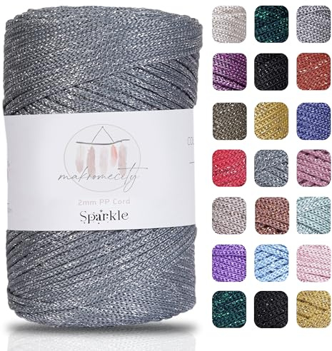 Makromecity Sparkle Polyester Macrame Cord, 2mm x 250 Yards (750 feet), Grey Sparkle