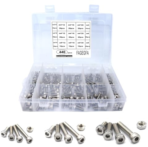 FAGEGFA 440pcs Hexagon Socket Set, 304 Stainless Steel, M3 M4 M5 Tapping Screw and Nut Sorting Kit with Cassette