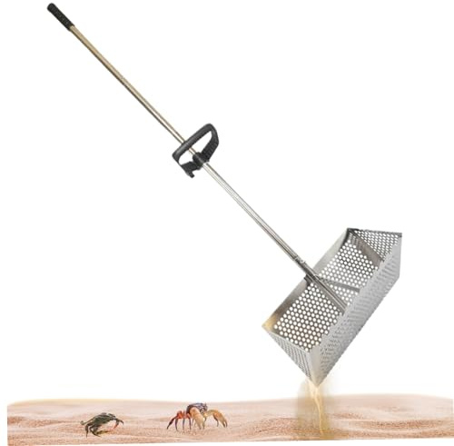 Rastrillo de Arena para pulgas de Acero Inoxidable, tamiz de Arena de Playa con Canasta Ancha con Dientes de tiburón de 15,8 Pulgadas, Mango Largo Desmontable, rastrillo de Arena para Playa, tamiz de