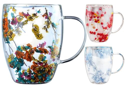 wiroouia 3 Stück Doppelwandige Kaffeetassen mit Trockenblume, Doppelwandige Glasbecher mit Trockenblume, Kreative Trockenen Blumen Kaffeegläser Latte Macchiato Gläser für Cappuccino, Tee, Milch, Bier
