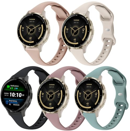 TUCOMO 5-pack smala klockarmband i silikon kompatibla med Garmin Venu 3S/Vivoactive 4S/Venu 2S/Vivomove 3S, 18 mm tunn mjuk smal sport ersättningsarmband remmar för Garmin Forerunner 255s/265S, Large,