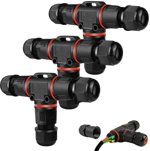 PRITOK 3-Pack IP68 Waterproof Junction Box Outdoor, 3 Way T-Shape Screw Type Cable Connector for Cable Diameter Ø3-12mm, Electrical Cable Protector for Landscape Lights/Billboards (Black) (3)