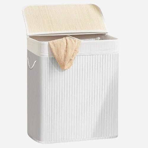 Comart - Portabiancheria Bamboo - 100 L - 2 Scomparti - Cesto Salvaspazio - Pieghevole - con Coperchio e Maniglie - Fodera Interna Rimovibile - Porta Panni e Bucato - per Lavanderia e Bagno -Bianco