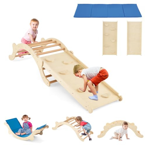 HOMASIS 3 in 1 Scivolo per Bambini in Legno, Arco Montessoriano per Bambini da Interno, Arrampicata per Bambini con Tappetino in Feltro, Parco Giochi per Bambini da 1+ Anni (N.Naturale)