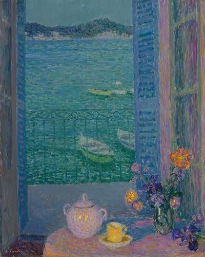 SERENDIPITP Bilder Moderne Druck Leinwand Malerei GemäLde Kunst Bilder Blumenstrauß am Fenster Villefranche Sur Mer von Henri Le Sidaner Wandkunst Graffiti für Wanddekoration 60x90cm