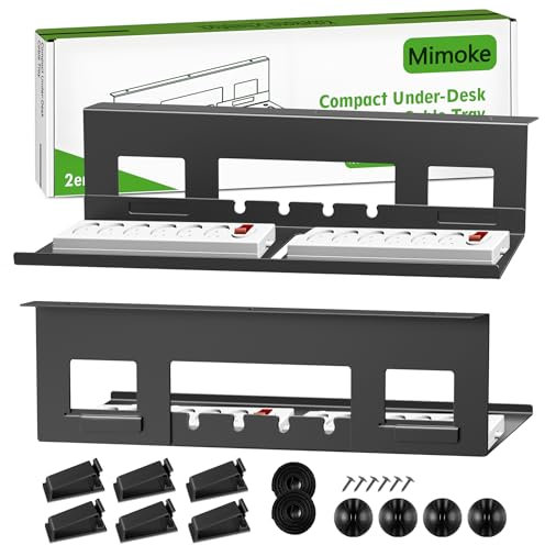 Mimoke Juego de 2 bandejas de gestión de cables, de acero negro, organizador de cables para escritorio de pie, caja de cables y enchufes, revestimiento de polvo, fácil montaje (negro)