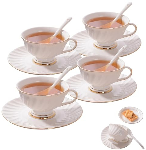 Lot de 4 tasses à café avec soucoupe et cuillère, blanc avec bordure dorée, design convivial, pour la maison et le café, amateurs de café, usage quotidien, facile à nettoyer