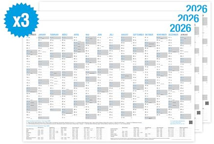 3er SET Wandkalender 2026 - DIN A4 quer - Tafelkalender, Jahresplaner, Jahreskalender & Feiertage