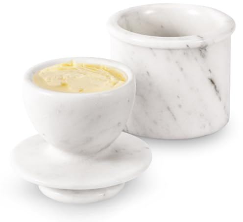 Flexzion Marble Butter Crock with Lid for Countertop - 4.25 French Marble Butter Keeper Dish Holder Container Pot with Water Line for Kitchen Home Decor Display Gift, White