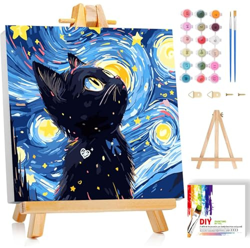 luckyarina Malen Nach Zahlen Kinder Mit Rahmen - Katze Malen Nach Zahlen Kinder Leinwand Ölgemälde, Tiere Paint by Numbers Mit Geschenkbox DIY ab 5 6 7 8 9 Jahre Mädchen Bastelset Geschenk 20x20 cm
