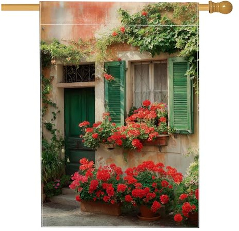 Bandiera da giardino floreale estiva, geranio rosso fiorisce verde finestra decorazione casa giardino striscione bandiera su entrambi i lati bandiera da cortile decorazione per prato esterno 71 x 101