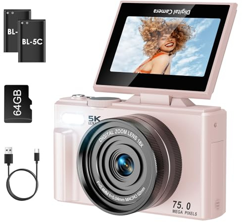 Nsyee Fotocamera digitale 5K, con trasferimento WIFI, autofocus da 75 MP, fotocamera YouTube Vlog, schermo da 3 pollici Flip a 180°, con scheda SD 64G, zoom digitale 18x, fotocamere compatte regalo