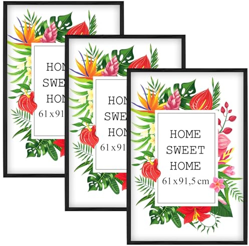 MG Design Set aus 3 Schwarz Bilderrahmen 61 x 91,5 cm – Aus echtem Holz mit Acrylglas, zum Aufhängen & Aufstellen, für Fotos, Poster & Puzzle